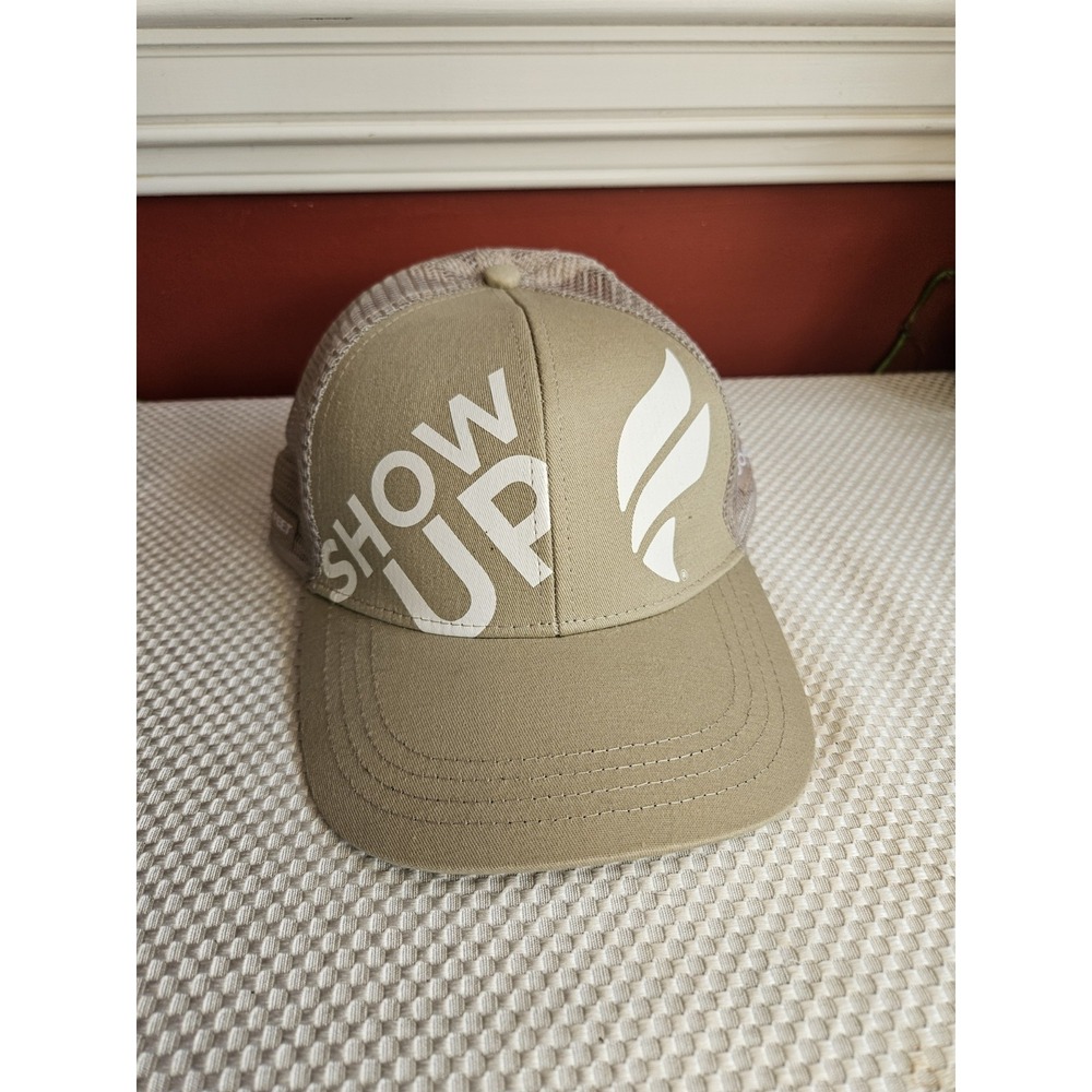 Fleet Feet BOCO Gear Technical Trucker Running Hat Show Up Mesh Cap Khaki Tan
